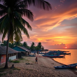 A beautiful and serene view of a Tamil coastal village at sunset, showcasing traditional houses with thatched roofs, palm trees swaying gently in the breeze, and colorful fishing boats lined up along the sandy shore