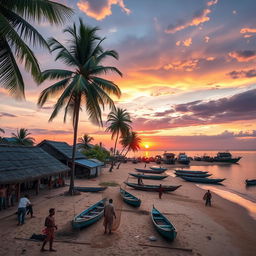 A beautiful and serene view of a Tamil coastal village at sunset, showcasing traditional houses with thatched roofs, palm trees swaying gently in the breeze, and colorful fishing boats lined up along the sandy shore
