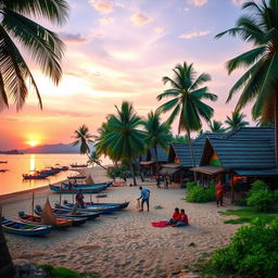 A beautiful and serene view of a Tamil coastal village at sunset, showcasing traditional houses with thatched roofs, palm trees swaying gently in the breeze, and colorful fishing boats lined up along the sandy shore