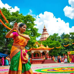 A vibrant and colorful depiction of traditional Tamil culture, showcasing a beautifully decorated temple in the background, surrounded by lush green trees