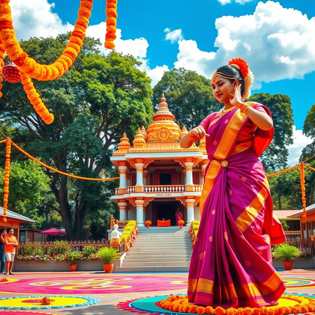 A vibrant and colorful depiction of traditional Tamil culture, showcasing a beautifully decorated temple in the background, surrounded by lush green trees