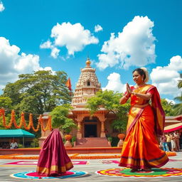 A vibrant and colorful depiction of traditional Tamil culture, showcasing a beautifully decorated temple in the background, surrounded by lush green trees