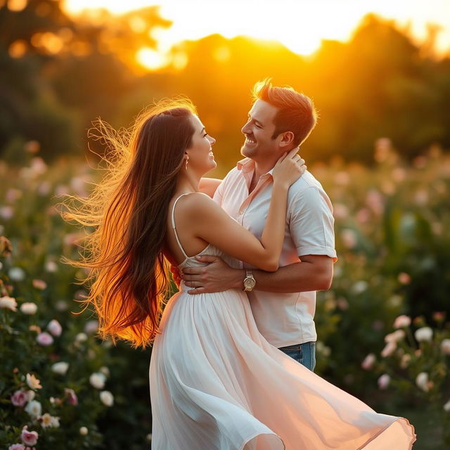 A romantic scene featuring a happy couple in an intimate embrace, with a sunset background casting warm golden light