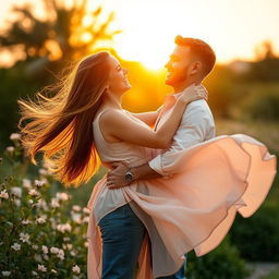 A romantic scene featuring a happy couple in an intimate embrace, with a sunset background casting warm golden light
