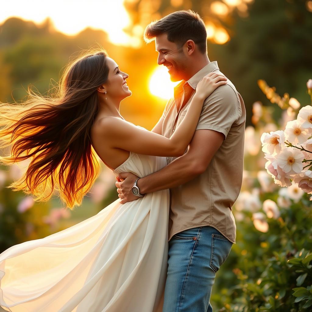 A romantic scene featuring a happy couple in an intimate embrace, with a sunset background casting warm golden light