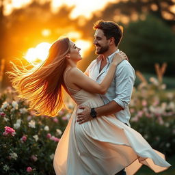 A romantic scene featuring a happy couple in an intimate embrace, with a sunset background casting warm golden light