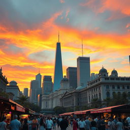 A stunning cinematic scene depicting a vibrant city skyline at sunset, with colorful clouds reflecting the orange and pink hues of the sky