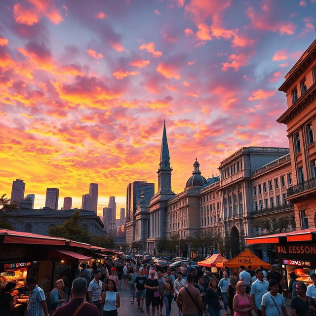 A stunning cinematic scene depicting a vibrant city skyline at sunset, with colorful clouds reflecting the orange and pink hues of the sky