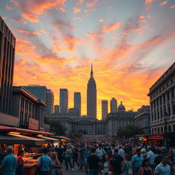 A stunning cinematic scene depicting a vibrant city skyline at sunset, with colorful clouds reflecting the orange and pink hues of the sky