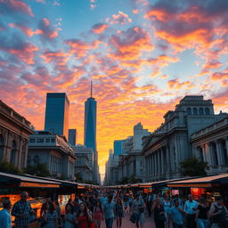 A stunning cinematic scene depicting a vibrant city skyline at sunset, with colorful clouds reflecting the orange and pink hues of the sky