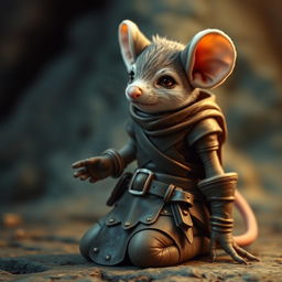A humanoid mouse character dressed in leather armor and clothing inspired by the world of Dungeons and Dragons