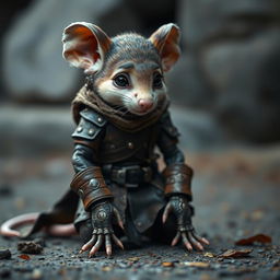 A humanoid mouse character dressed in leather armor and clothing inspired by the world of Dungeons and Dragons