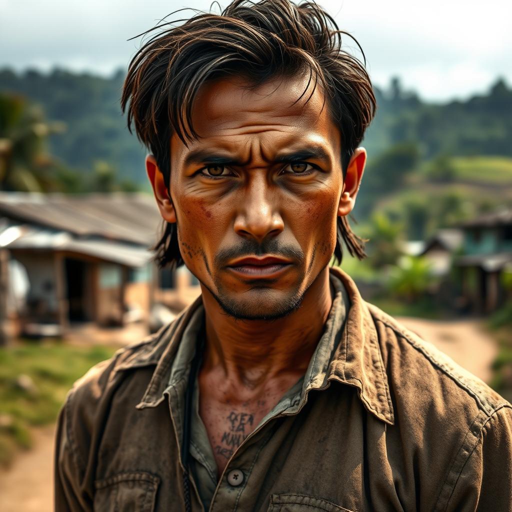 A 27-year-old man from a rural village, depicted as a revenge-seeker, with a determined and intense expression on his face