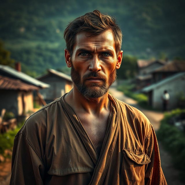 A 27-year-old man from a rural village, depicted as a revenge-seeker, with a determined and intense expression on his face