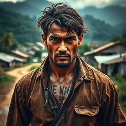 A 27-year-old man from a rural village, depicted as a revenge-seeker, with a determined and intense expression on his face