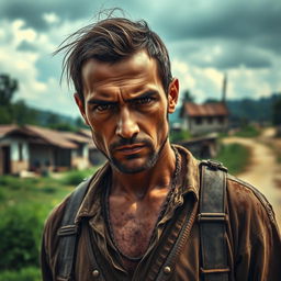 A 27-year-old man from a rural village, depicted as a revenge-seeker, with a determined and intense expression on his face