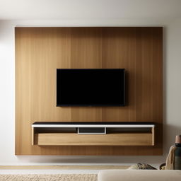 Create a room with a 10x10 feet wall, featuring a wooden finish television unit on the wall.