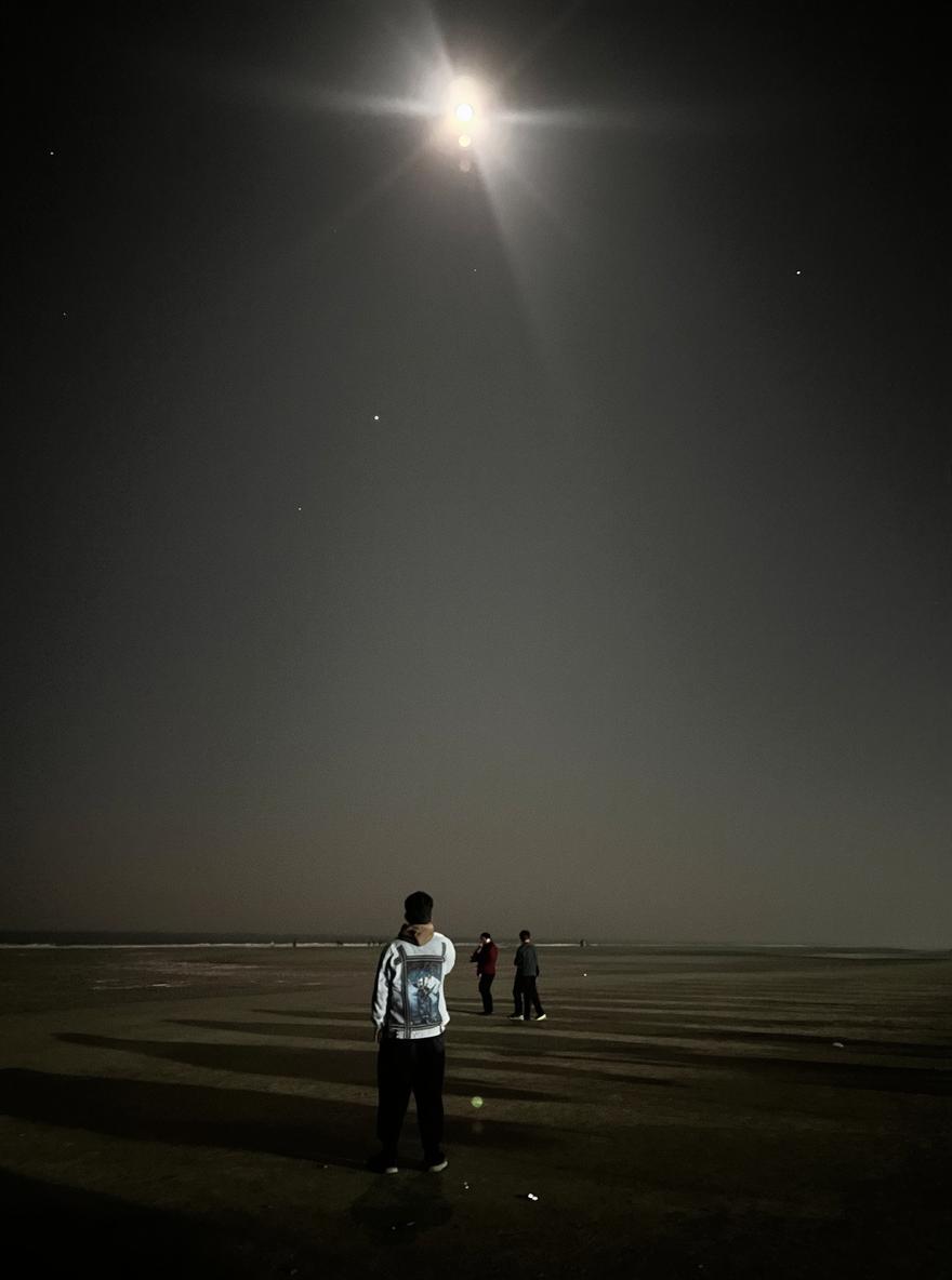 A serene night scene depicting a person standing alone on a vast, dimly lit landscape, gazing up at the full moon shining brightly in the sky