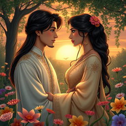 A romantic and serene scene featuring Morteza and Artadokht, two beautiful Persian figures from folklore