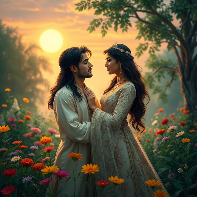 A romantic and serene scene featuring Morteza and Artadokht, two beautiful Persian figures from folklore