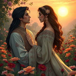 A romantic and serene scene featuring Morteza and Artadokht, two beautiful Persian figures from folklore