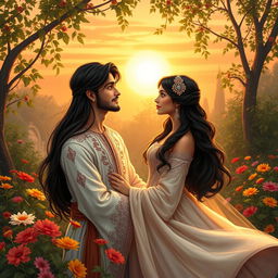 A romantic and serene scene featuring Morteza and Artadokht, two beautiful Persian figures from folklore