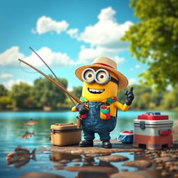 A vibrant scene featuring a cheerful minion as a fisherman (pescador), wearing a straw hat and colorful fishing vest, standing by the edge of a picturesque lake