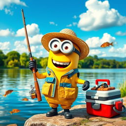 A vibrant scene featuring a cheerful minion as a fisherman (pescador), wearing a straw hat and colorful fishing vest, standing by the edge of a picturesque lake