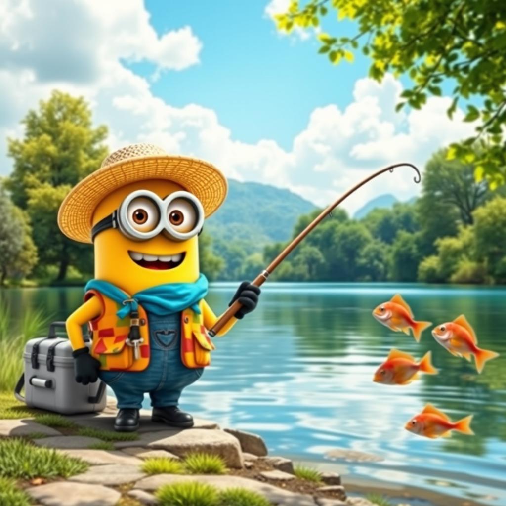 A vibrant scene featuring a cheerful minion as a fisherman (pescador), wearing a straw hat and colorful fishing vest, standing by the edge of a picturesque lake