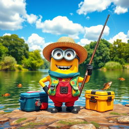 A vibrant scene featuring a cheerful minion as a fisherman (pescador), wearing a straw hat and colorful fishing vest, standing by the edge of a picturesque lake