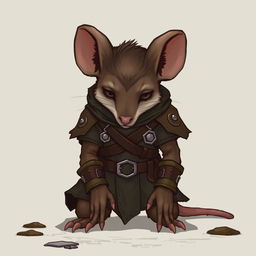 A young humanoid mouse character dressed in leather armor and clothing inspired by the world of Dungeons and Dragons