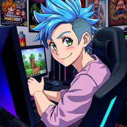 An anime guy with vibrant blue hair styled in a cool, spiky fashion, sitting in a modern gaming chair with an RGB gaming setup, intensely focused on his monitor displaying Minecraft