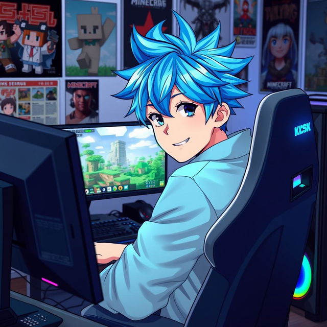 An anime guy with vibrant blue hair styled in a cool, spiky fashion, sitting in a modern gaming chair with an RGB gaming setup, intensely focused on his monitor displaying Minecraft