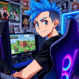 An anime guy with vibrant blue hair styled in a cool, spiky fashion, sitting in a modern gaming chair with an RGB gaming setup, intensely focused on his monitor displaying Minecraft