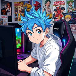 An anime guy with vibrant blue hair styled in a cool, spiky fashion, sitting in a modern gaming chair with an RGB gaming setup, intensely focused on his monitor displaying Minecraft