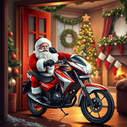 A whimsical scene depicting Santa Claus, full of cheer and wearing his classic red suit, carefully placing a shiny Bajaj Dominor motorcycle inside a cozy home through a beautifully decorated entrance