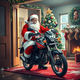 A whimsical scene depicting Santa Claus, full of cheer and wearing his classic red suit, carefully placing a shiny Bajaj Dominor motorcycle inside a cozy home through a beautifully decorated entrance