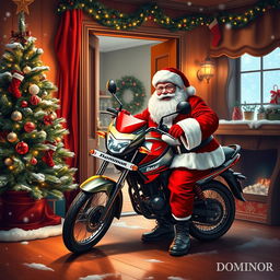 A whimsical scene depicting Santa Claus, full of cheer and wearing his classic red suit, carefully placing a shiny Bajaj Dominor motorcycle inside a cozy home through a beautifully decorated entrance