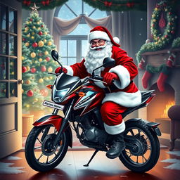 A whimsical scene depicting Santa Claus, full of cheer and wearing his classic red suit, carefully placing a shiny Bajaj Dominor motorcycle inside a cozy home through a beautifully decorated entrance