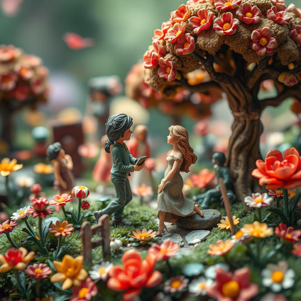 A dramatic and whimsical depiction of a miniature landscape featuring various small, intricately detailed figurines engaging in playful and suggestive poses, emphasizing the artistic rendition of intimacy in a charming way