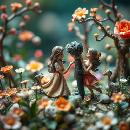 A dramatic and whimsical depiction of a miniature landscape featuring various small, intricately detailed figurines engaging in playful and suggestive poses, emphasizing the artistic rendition of intimacy in a charming way