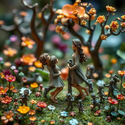 A dramatic and whimsical depiction of a miniature landscape featuring various small, intricately detailed figurines engaging in playful and suggestive poses, emphasizing the artistic rendition of intimacy in a charming way
