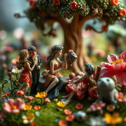 A dramatic and whimsical depiction of a miniature landscape featuring various small, intricately detailed figurines engaging in playful and suggestive poses, emphasizing the artistic rendition of intimacy in a charming way