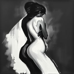 A monochromatic black and white painting that artistically depicts an intimate and suggestive scene between two abstract figures, emphasizing the flow of their bodies and the emotional connection between them