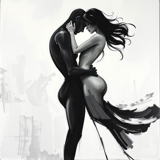 A monochromatic black and white painting that artistically depicts an intimate and suggestive scene between two abstract figures, emphasizing the flow of their bodies and the emotional connection between them