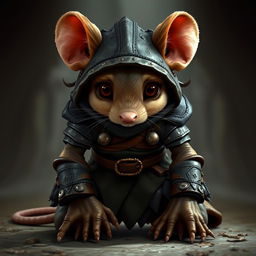 A young humanoid mouse character wearing leather armor and clothing inspired by the world of Dungeons and Dragons