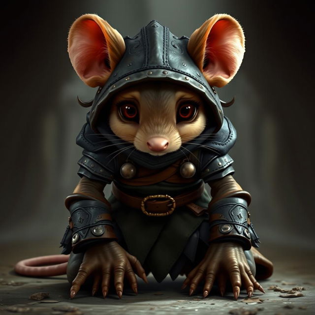 A young humanoid mouse character wearing leather armor and clothing inspired by the world of Dungeons and Dragons