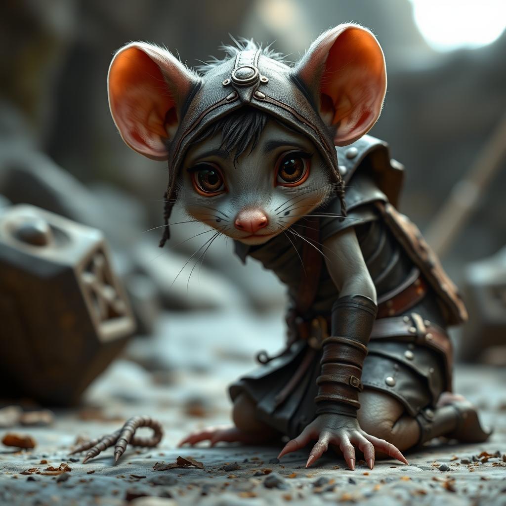 A young humanoid mouse character wearing leather armor and clothing inspired by the world of Dungeons and Dragons