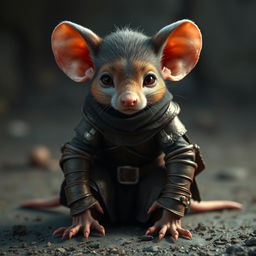 A young humanoid mouse character wearing leather armor and clothing inspired by the world of Dungeons and Dragons