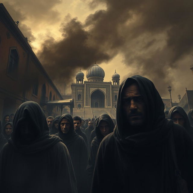 A dramatic and intense scene depicting the aftermath of a fictional narrative of fatal retribution on the people of Shiraz